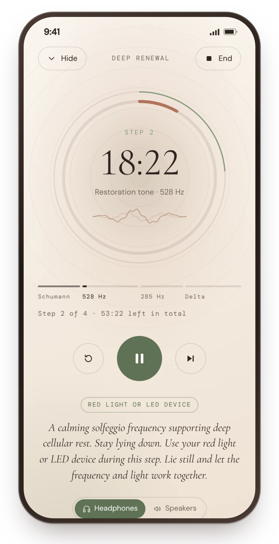 The cream player on step two of Deep renewal with skincare: the 528 Hz restoration tone and a red light or LED device step, with the instruction to lie still while the frequency and light work together